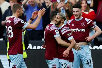West Ham's Said Benrahma (2nd R) celebrates his goal that inflicted a damaging defeat on Manchester United