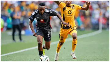 Orlando Pirates' Patrick Maswanganyi vies for the ball with Kaizer Chiefs' Pule Mmodi in a past match. Photo: Phill Magakoe.