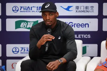 Fred Kerley of Team United States attends a press conference for the Diamond League
