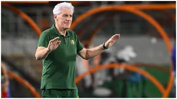 Hugo Broos gestures instructions to his players from the touchline during the Africa Cup of Nations 2023 round of 16 football match between Morocco and South Africa. Photo: Sia Kambou.