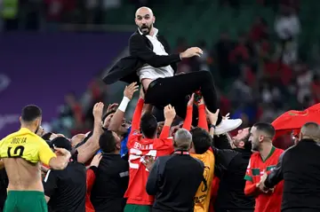 Morocco coach Walid Regragui is hoisted aloft by his players after they beat Portugal to reach the World Cup semi-finals