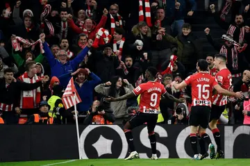 Athletic Bilbao forward Inaki Williams (C) and his team-mates are looking to end a run of six Copa final defeats