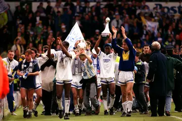 Leeds United celebrates with the League trophy after winning the championship on May 02, 1992.