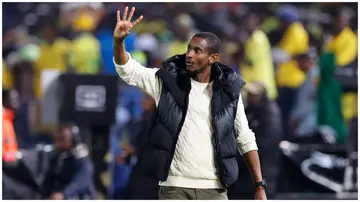 Rulani Mokwena laments over Mamelodi Sundowns' loss to Orlando Pirates in the Nedbank Cup final on Saturday, June 1, 2024. Photo: Phill Magakoe.