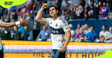 Vancouver Whitecaps FC's Brian White celebrates a goal.