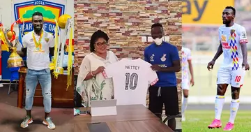 Hearts midfielder Emmanuel Nettey presents GPL and FA Cup medals to Krowo MP