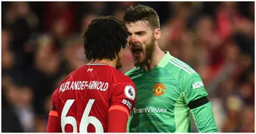 Trent Alexander-Arnold in heated exchanges with Man United keeper David de Gea at Anfield. Photo by Andrew Powell.