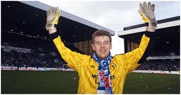 Andy Goram celebrates after Rangers had beaten St Mirren to land the 1991/92 Scottish Premier Division Title at Ibrox on April 18, 1992 in Glasgow, Scotland. Photo by Ben Radford.