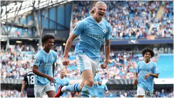 Erling Haaland celebrates after scoring during the Premier League match between Manchester City and Fulham FC at Etihad Stadium. Photo by Lewis Storey.