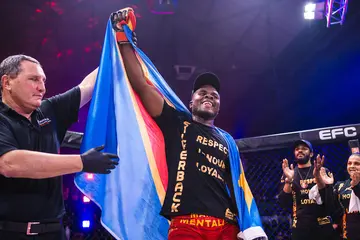 Jeremie Tshibala celebrates his win at EFC 105.