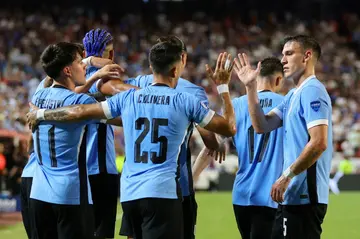 Uruguay's Mathias Olivera celebrates after scoring the goal which helped eliminate the United States from the Copa America