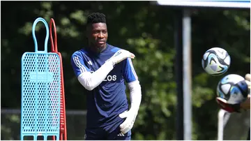 Man United's Andre Onana in action during a pre-season training session at Pingry School. Photo by Matthew Peters.