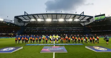 Chelsea and Real Madrid players line up prior to the UEFA Champions League quarterfinal second leg match at Stamford Bridge. Photo by Steve Bardens.