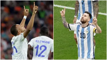 Kylian Mbappe, Lionel Messi, France, Netherlands, goal celebration, pointing to the sky, Euro 2024