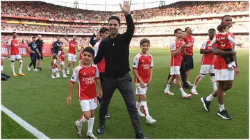 Mikel Arteta waves after the Premier League match between Arsenal FC and Wolverhampton Wanderers at Emirates Stadium. Photo by David Price.