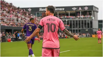 Lionel Messi looks on during a game against the Orlando City SC at Chase Stadium. Photo by Thaddaeus McAdams.