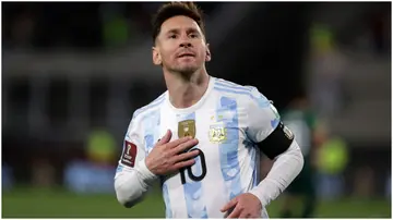 Lionel Messi celebrates after scoring during a match between Argentina and Bolivia at Estadio Monumental Antonio Vespucio Liberti. Photo by Juan I. Roncoroni.