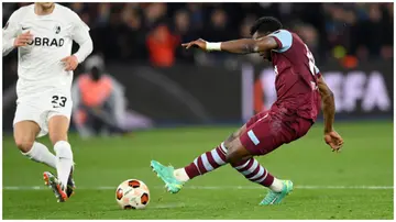 Mohammed Kudus scored his team's fourth goal during the UEFA Europa League 2023/24 round of 16 second leg match between West Ham United and Freiburg. Photo: Justin Setterfield.