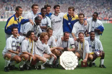 The Leeds team celebrate after the Charity shield win against Liverpool on 8 August 1992