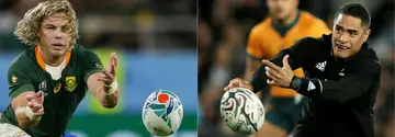 South Africa scrum-half Faf de Klerk (L) is back in the lineup for the World Cup final while Aaron Smith has already had a superb tournament for New Zealand