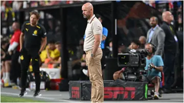 Erik ten Hag looks on during the pre-season friendly match against Borussia Dortmund at Allegiant Stadium. Photo by Candice Ward.