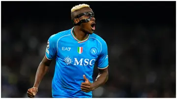Victor Osimhen reacts during the UEFA Champions League 2023/24 round of 16 first leg match between SSC Napoli and FC Barcelona. Photo: Jose Breton.