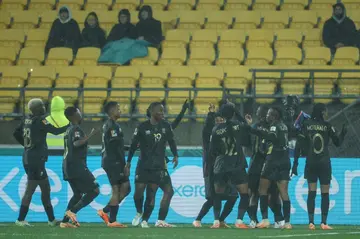 South Africa players celebrate after Hildah Magaia's goal against Sweden in their opening game at the Women's World Cup