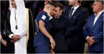 Kylian Mbappe, President Emmanuel Macron, FIFA World Cup, Qatar 2022 Final, Argentina, France, Lusail Stadium.