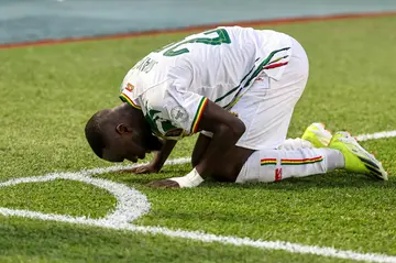 Lassine Sinayoko celebrates after scoring for Mali against Burkina Faso