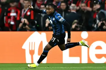 Nigeria forward Ademola Lookman celebrates scoring for Atalanta against Bayer Leverkusen in the 2024 Europa League final in Dublin.