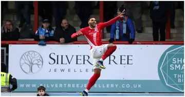 Morecombe's Jonah Ayunga celebrates scoring their side's second goal of the game during the Sky Bet League One match at The Mazuma Stadium. Photo by Richard Sellers.