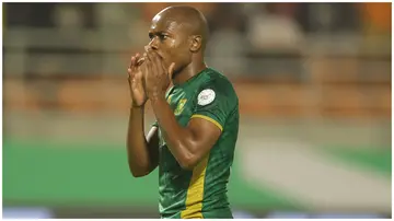 Percy Tau reacts after missing a penalty against Mali in the 2023 Africa Cup of Nations. Photo: @iDiskiTimes.