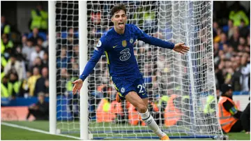 Kai Havertz celebrates after scoring during the Premier League match between Chelsea and Newcastle United at Stamford Bridge. Photo by Justin Setterfield.