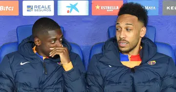 Aubamayeng and Ousmane Dembélé on Barcelona's bench. Credit: Getty Images