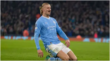 Erling Haaland celebrates during the UEFA Champions League Group G match between Manchester City and BSC Young Boys at the Etihad Stadium. Photo by Mike Morese.