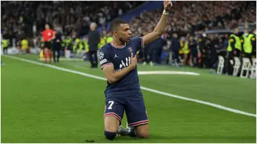 Kylian Mbappe celebrates after scoring during the UEFA Champions League Round 16 match between Real Madrid and Paris Saint-Germain. Photo by Gonzalo Arroyo Moreno.