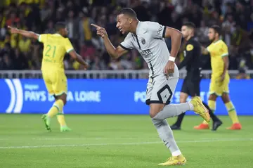 Kylian Mbappe celebrates after scoring the opening goal in Paris Saint-Germain's 3-0 win at Nantes on Saturday