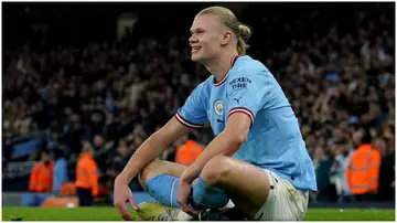 Erling Haaland celebrates after scoring during the Premier League match between Man City and West Ham United at the Etihad Stadium. Photo by Martin Rickett.