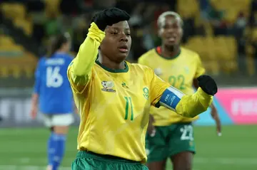 South Africa's forward Thembi Kgatlana celebrates scoring her winner over Italy