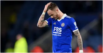 James Maddison looks dejected after the final whistle of the Premier League match between Leicester City and Everton FC at The King Power Stadium. Photo by Michael Regan.