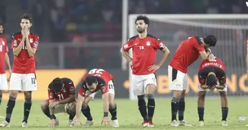 Players of Egypt feel upset at the end of the Africa Cup of Nations (CAN) 2021 final match between Senegal and Egypt (Photo by Haykel Hmima/Anadolu Agency via Getty Images)