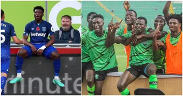 Mohammed Kudus performs his celebration after scoring against Brentford, with Dreams FC players emulating him in the CAF Confederations Cup.