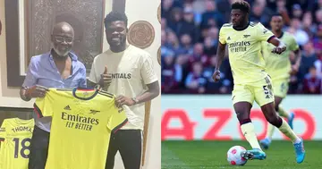 Thomas Partey playing for Arsenal against Aston Villa. Credit: @Arsenal @GabyDarko