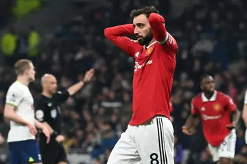 Missed opportunity: Bruno Fernandes cuts a frustrated figure as Manchester United blew a 2-0 lead to draw 2-2 at Tottenham