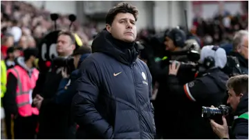 Mauricio Pochettino looks on prior to the Premier League match between Brentford FC and Chelsea FC at Brentford Community Stadium. Photo by Gaspafotos.