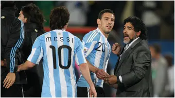 Lionel Messi, Maxi Rodriguez, Diego Maradona, Argentina, 2010 FIFA World Cup, South Africa.