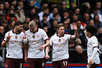 Kevin De Bruyne (2nd right)scored twice in Manchester City's 4-2 win at Crystal Palace