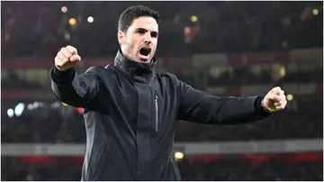 Mikel Arteta celebrates after the Premier League match between Arsenal FC and Liverpool FC at the Emirates Stadium.