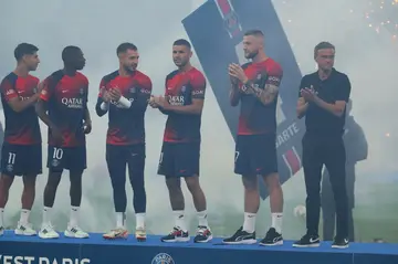 Luis Enrique and several of PSG's new signings at their unveiling at the Parc des Princes in August