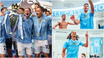 Dressing room, Manchester City, celebration, West Ham, Premier League, fourth, historic, title.